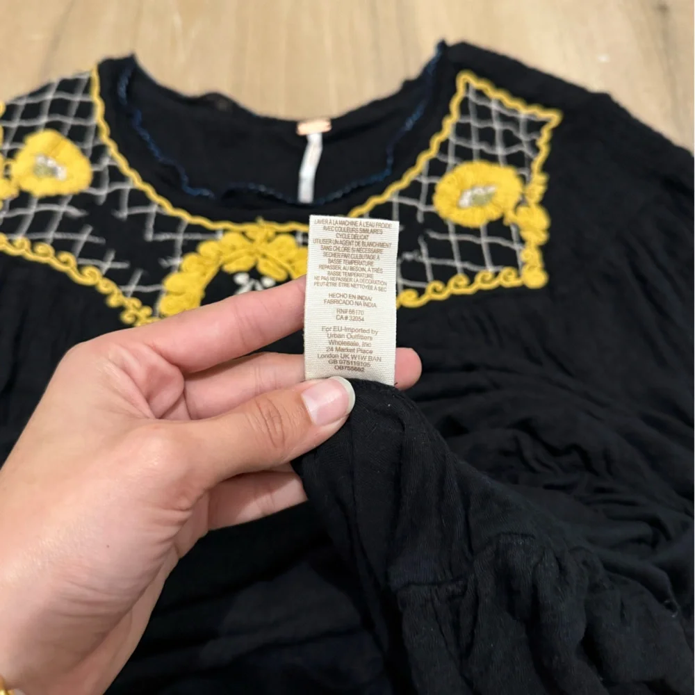 Free People Women’s Black Long Sleeve Begonia Blouse Relaxed Boho Size Small